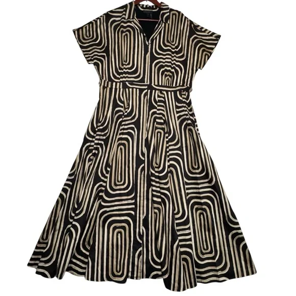Donna Karan Black Cream Geometric Printed Midi Shirt Dress Buttons Down Size 16 - Picture 2 of 16